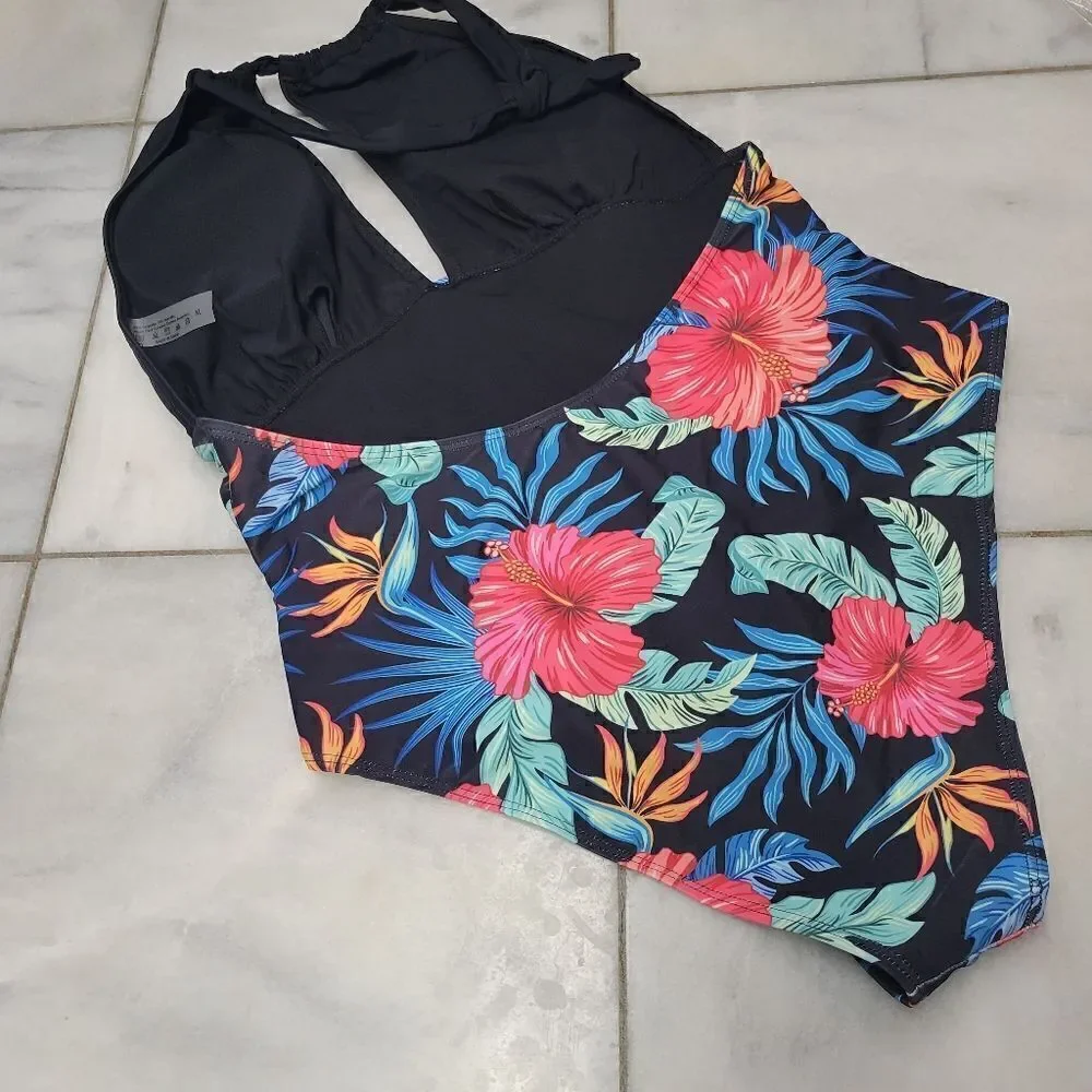 Women's Floral Print Cut Out Halter Swimsuit  Ruched Tie Neck Backless, Sz XL